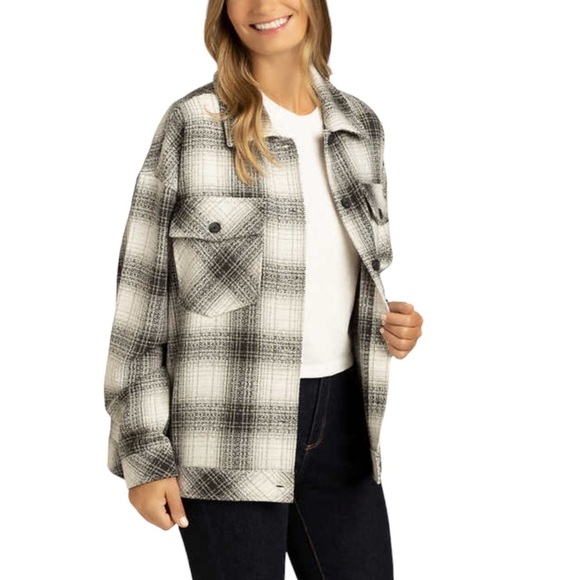 Women's Boston Traders XXL 20 - 22 Button Shirt Jacket Shacket Plaid Black Gray - Picture 3 of 9